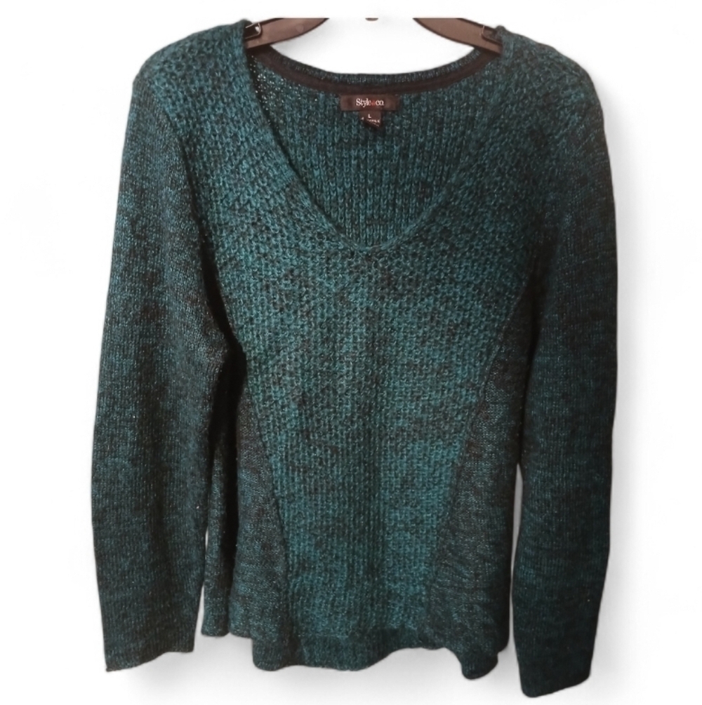 Style & Co. teal and black waffle knit V-neck long-sleeve sweater L